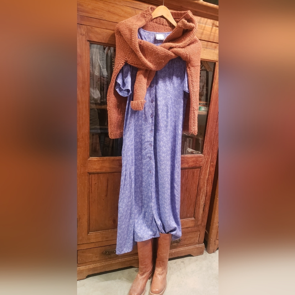 Vintage 90s April Cornell Prairie Dress Maxi Button Front Cottagecore Periwinkle